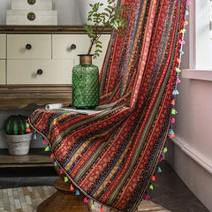 Boho Multicolor Curtain with Red Stripes & Tassels