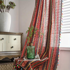 Boho Multicolor Curtain with Red Stripes & Tassels