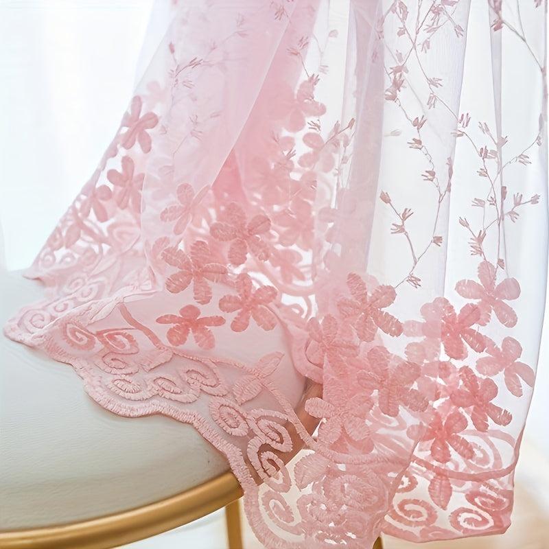 1pc Flower Embroidered Sheer Curtain French Vintage Voile Farmhouse Transparent