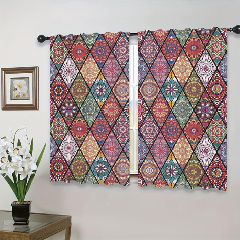 Boho Colorful Rhombus Pattern Curtain Rod Pocket Polyester Material