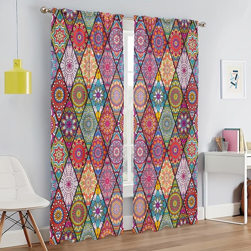 Boho Colorful Rhombus Pattern Curtain Rod Pocket Polyester Material