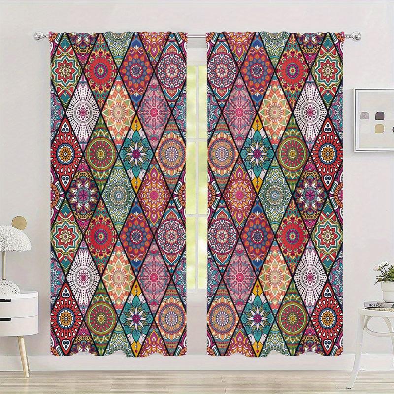 Boho Colorful Rhombus Pattern Curtain Rod Pocket Polyester Material