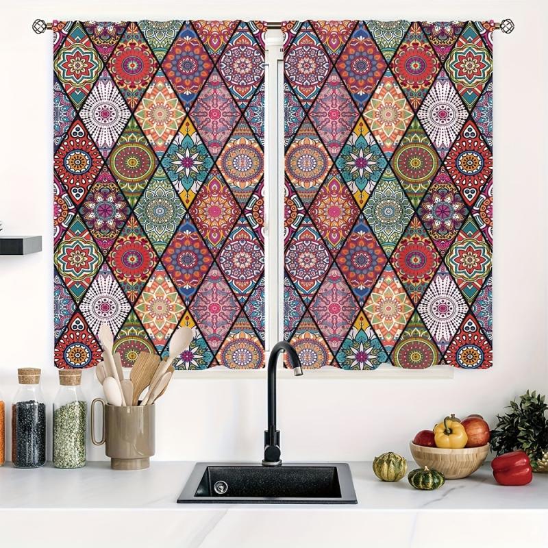 Boho Colorful Rhombus Pattern Curtain Rod Pocket Polyester Material