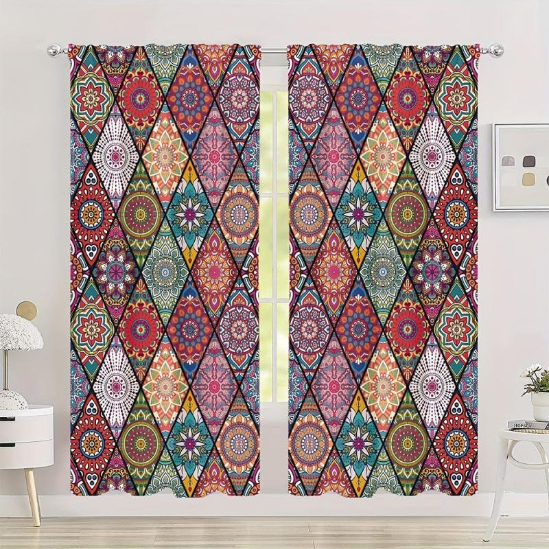 Boho Colorful Rhombus Pattern Curtain Rod Pocket Polyester Material