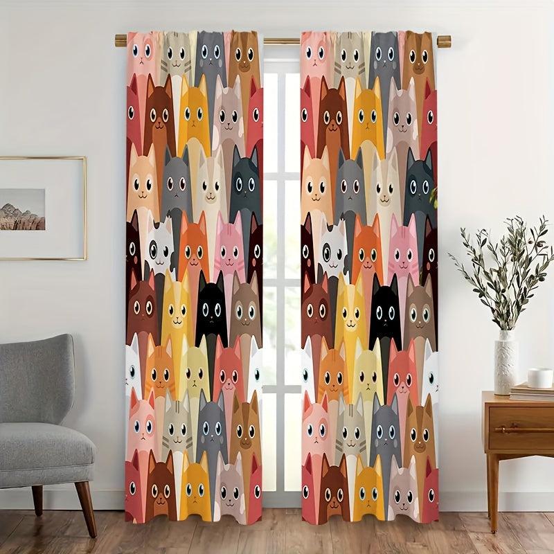 Cat Animal Printed Semi Blackout Curtains for Living Room