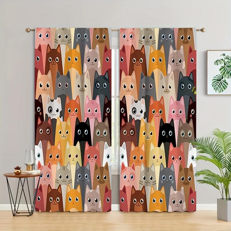 Cat Animal Printed Semi Blackout Curtains for Living Room