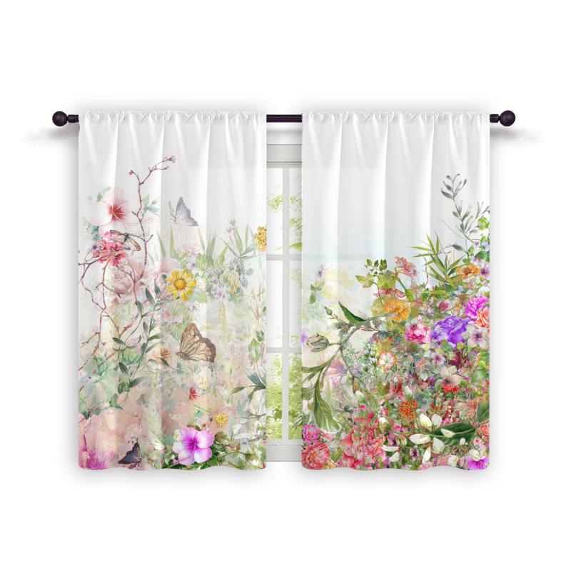 2pcs Watercolor Flower Semi Blackout Kitchen Curtain Soft Short Curtain