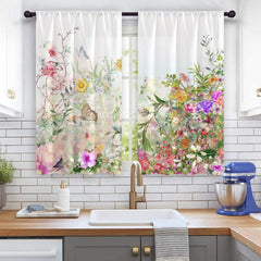 2pcs Watercolor Flower Semi Blackout Kitchen Curtain Soft Short Curtain