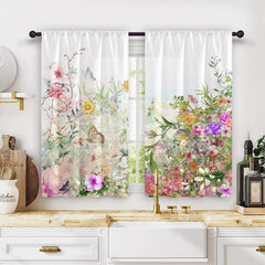 2pcs Watercolor Flower Semi Blackout Kitchen Curtain Soft Short Curtain