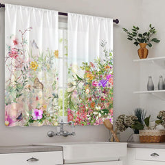 2pcs Watercolor Flower Semi Blackout Kitchen Curtain Soft Short Curtain