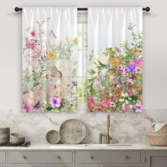 2pcs Watercolor Flower Semi Blackout Kitchen Curtain Soft Short Curtain