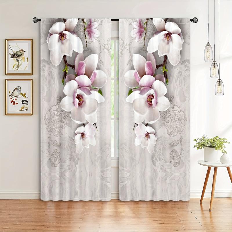 2pcs Magnolia Pattern Semi Blackout Curtains Rod Pocket Vintage Curtain