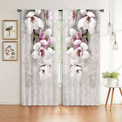 2pcs Magnolia Pattern Semi Blackout Curtains Rod Pocket Vintage Curtain