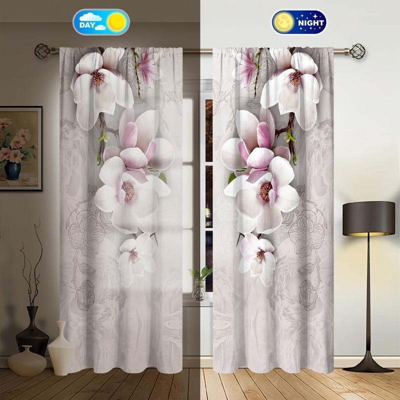 2pcs Magnolia Pattern Semi Blackout Curtains Rod Pocket Vintage Curtain