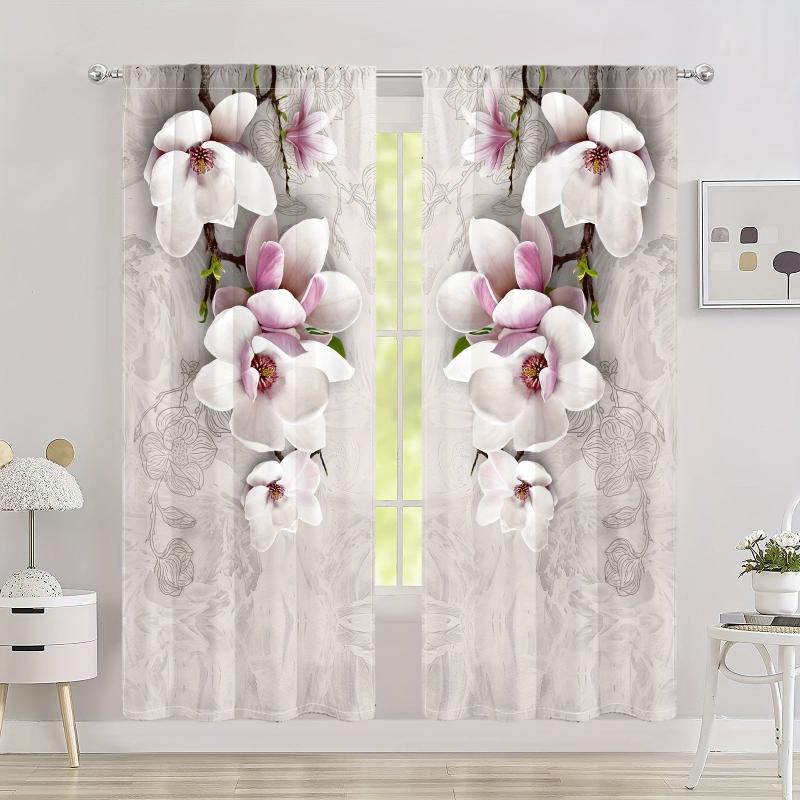 2pcs Magnolia Pattern Semi Blackout Curtains Rod Pocket Vintage Curtain