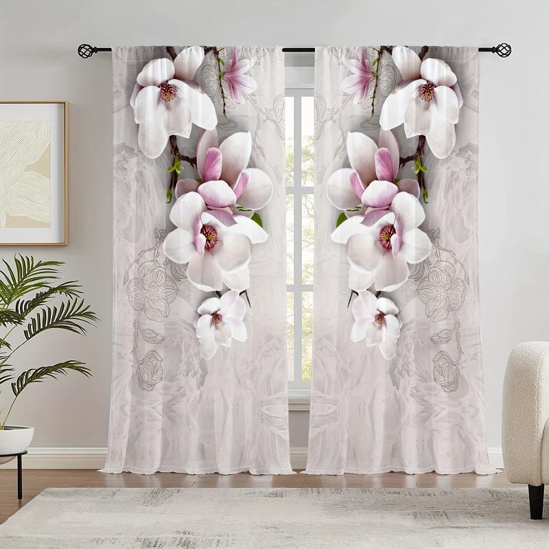 2pcs Magnolia Pattern Semi Blackout Curtains Rod Pocket Vintage Curtain