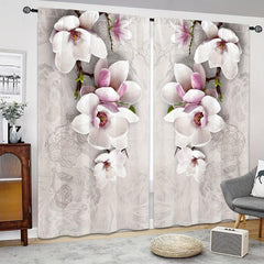 2pcs Magnolia Pattern Semi Blackout Curtains Rod Pocket Vintage Curtain