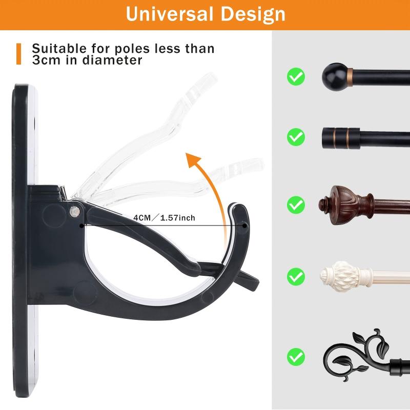 4pcs Adhesive Curtain Pole Brackets for Poles < 40mm, No Drill Curt