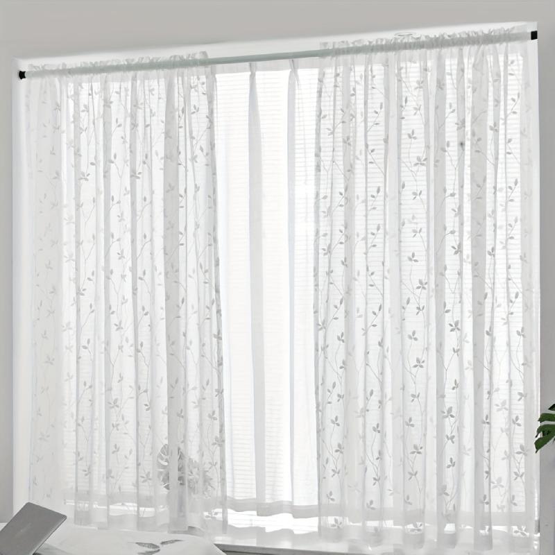 Pastoral Style Embroidery Sheer Curtain Branch Leaf Pattern Rod Pocket