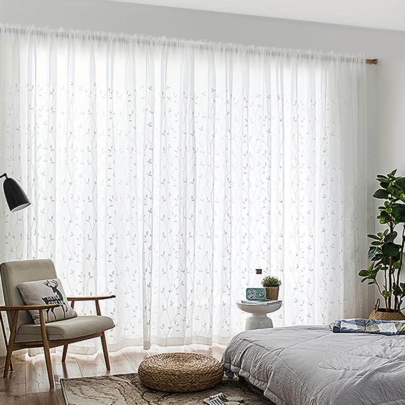 Pastoral Style Embroidery Sheer Curtain Branch Leaf Pattern Rod Pocket