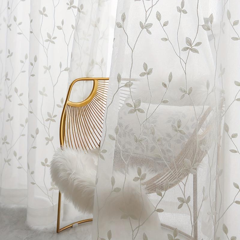 Pastoral Style Embroidery Sheer Curtain Branch Leaf Pattern Rod Pocket