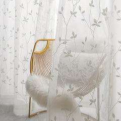 Pastoral Style Embroidery Sheer Curtain Branch Leaf Pattern Rod Pocket