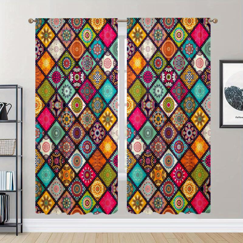Boho Printed Blackout Curtains - Grommet Top - 3D Flower Effect - Set of 2 Panel