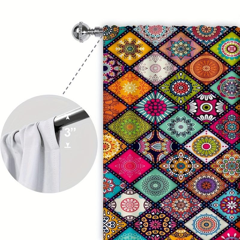 Boho Printed Blackout Curtains - Grommet Top - 3D Flower Effect - Set of 2 Panel