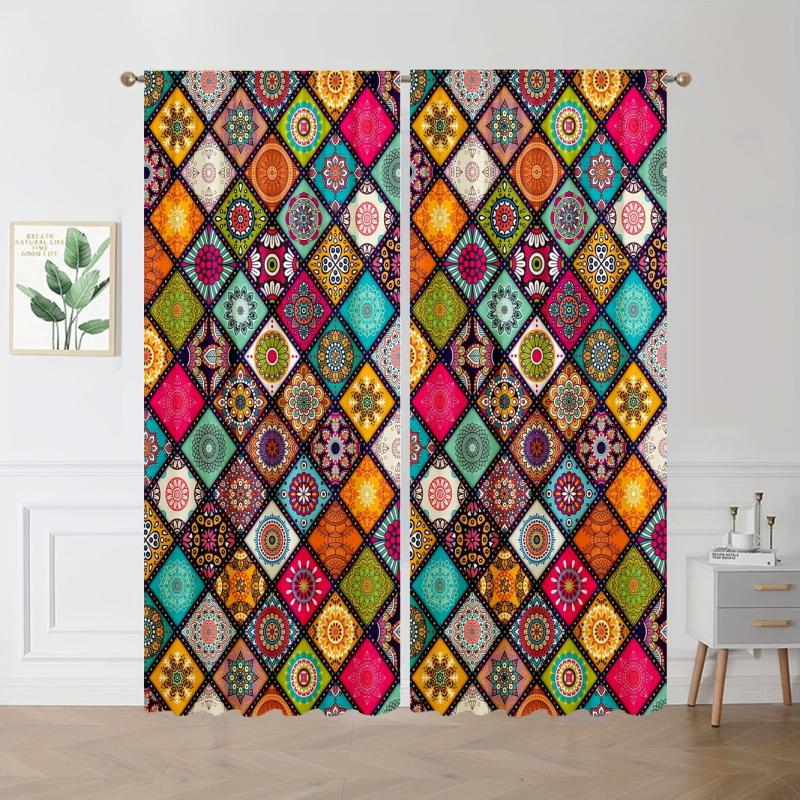 Boho Printed Blackout Curtains - Grommet Top - 3D Flower Effect - Set of 2 Panel