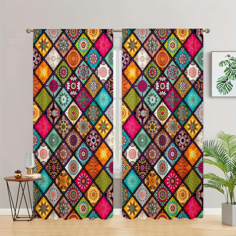 Boho Printed Blackout Curtains - Grommet Top - 3D Flower Effect - Set of 2 Panel
