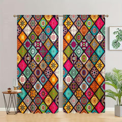 Boho Printed Blackout Curtains - Grommet Top - 3D Flower Effect - Set of 2 Panel