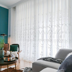 Embroidered Sheer Curtain Geometric Rod Pocket for Living Room Bedroom