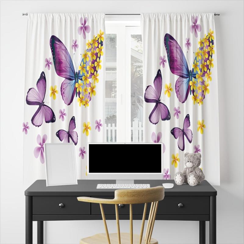 2pcs Dancing Butterflies Rod Pocket Curtain for Living Room Bedroom