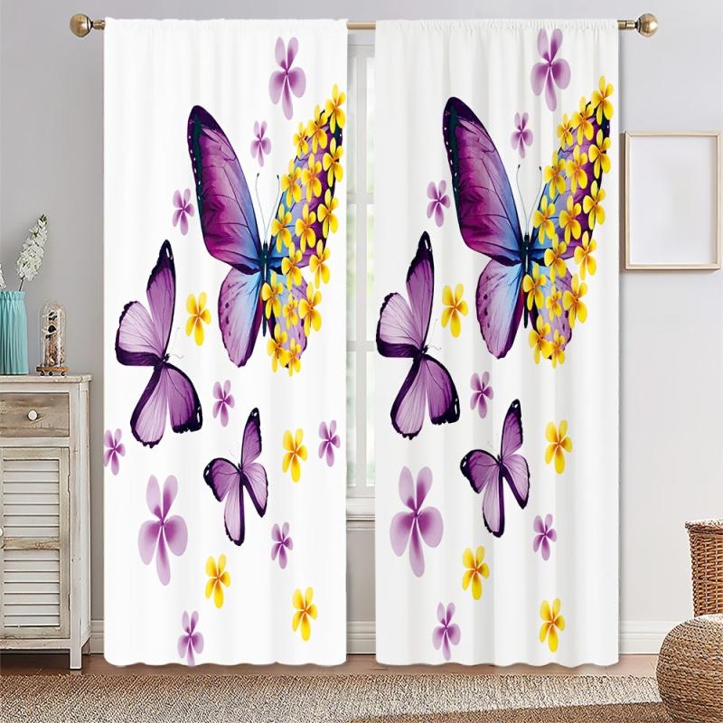 2pcs Dancing Butterflies Rod Pocket Curtain for Living Room Bedroom