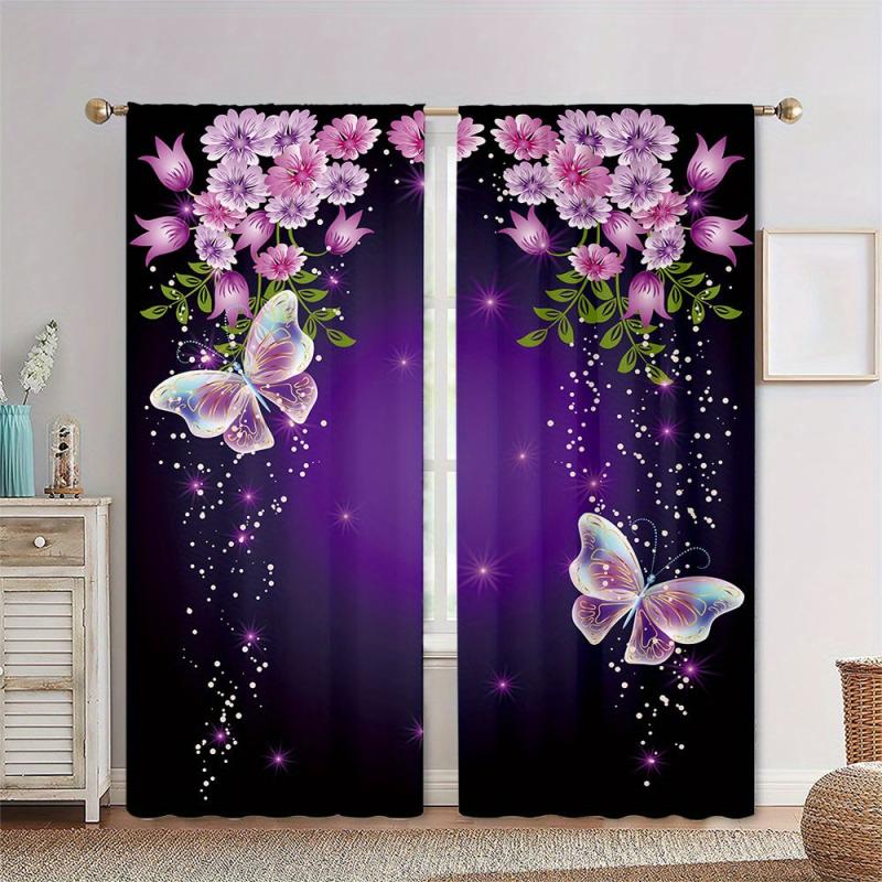 2pcs Dancing Butterflies Rod Pocket Curtain for Living Room Bedroom