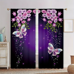2pcs Dancing Butterflies Rod Pocket Curtain for Living Room Bedroom