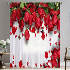 Red Roses Printed Semi Sheer Voile Curtain for Room Cafe Kitchen