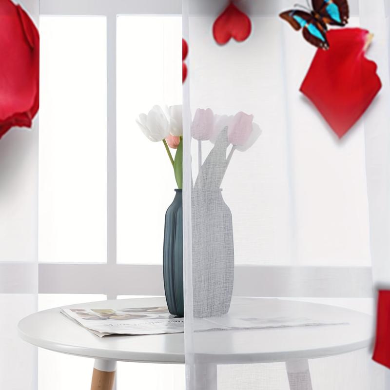 Red Roses Printed Semi Sheer Voile Curtain for Room Cafe Kitchen