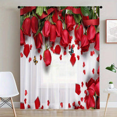 Red Roses Printed Semi Sheer Voile Curtain for Room Cafe Kitchen
