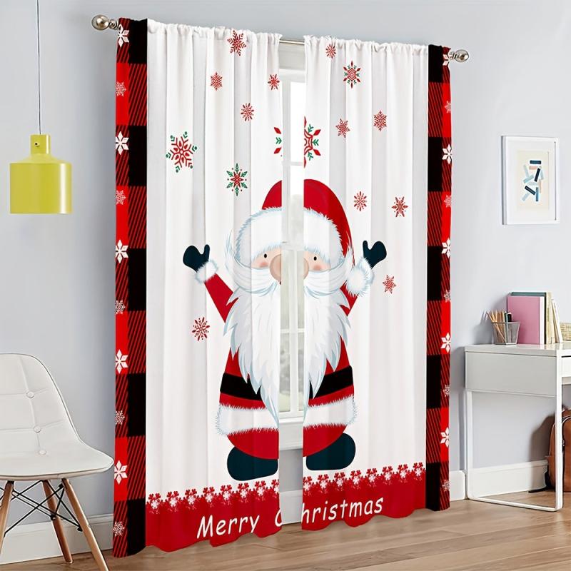 Christmas Santa Claus Snowflake Curtains Red And Plaid Rod Pocket Curtains