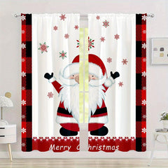 Christmas Santa Claus Snowflake Curtains Red And Plaid Rod Pocket Curtains