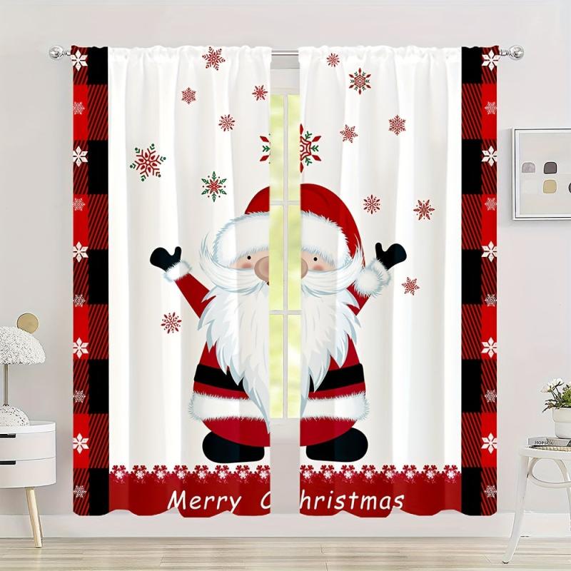 Christmas Santa Claus Snowflake Curtains Red And Plaid Rod Pocket Curtains