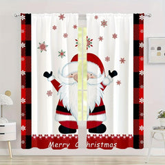 Christmas Santa Claus Snowflake Curtains Red And Plaid Rod Pocket Curtains