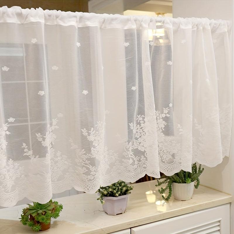 Pastoral Lace Half Curtain Wavy Edge Rod Pocket Kitchen Cafe Bar Screen