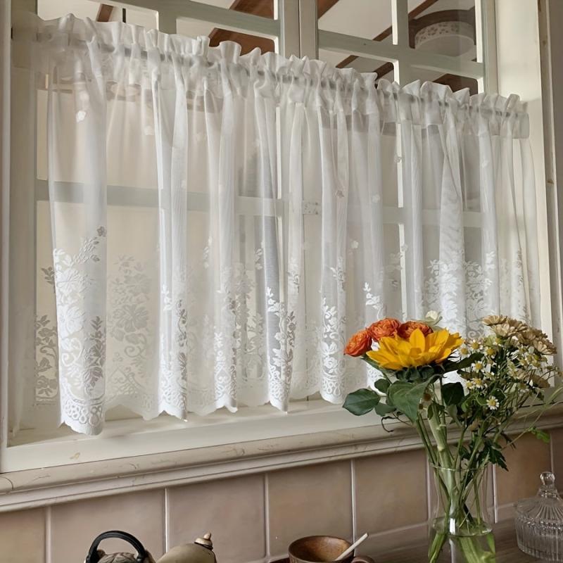 Pastoral Lace Half Curtain Wavy Edge Rod Pocket Kitchen Cafe Bar Screen