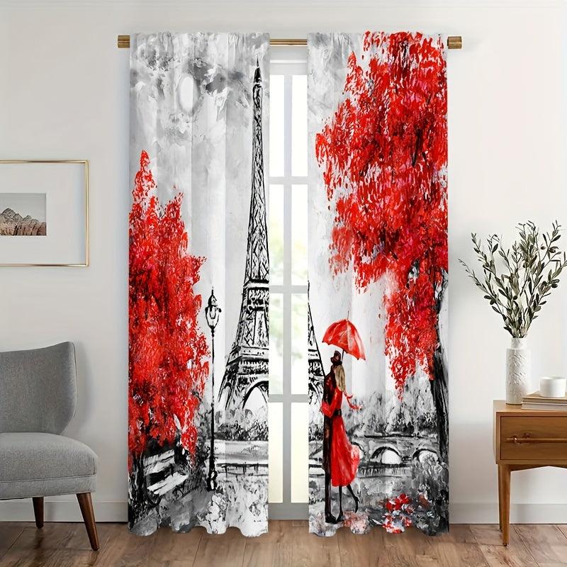 2pcs Eiffel Tower Curtains Rod Pocket Semi Blackout Window Curtains