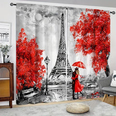 2pcs Eiffel Tower Curtains Rod Pocket Semi Blackout Window Curtains