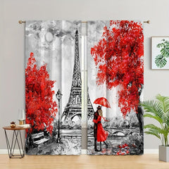 2pcs Eiffel Tower Curtains Rod Pocket Semi Blackout Window Curtains