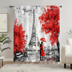 2pcs Eiffel Tower Curtains Rod Pocket Semi Blackout Window Curtains