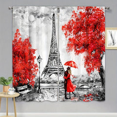 2pcs Eiffel Tower Curtains Rod Pocket Semi Blackout Window Curtains